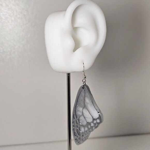 Handmade Monochrome Silver Butterfly Dangly Earrings - Picture 5 of 8